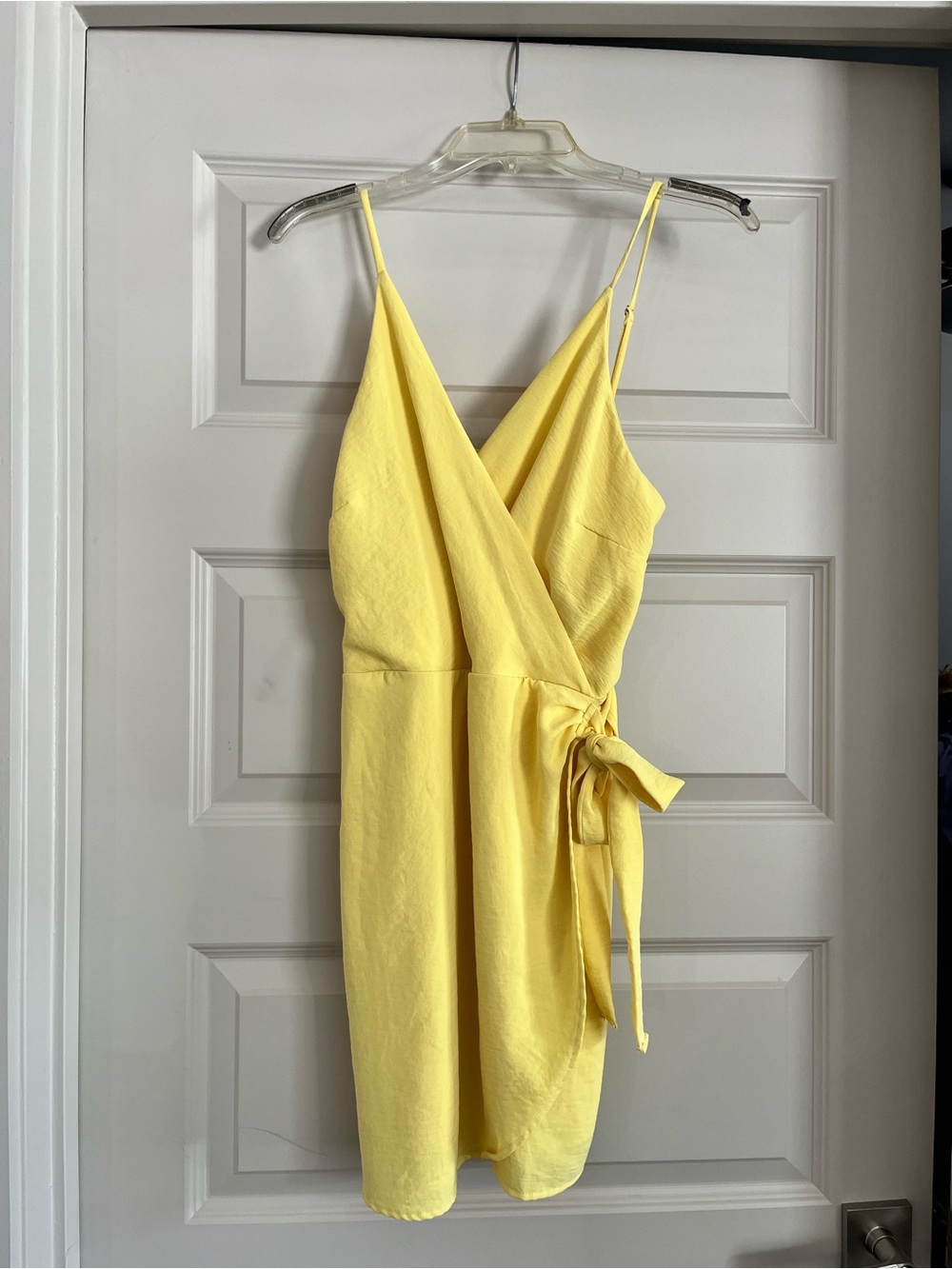 Yellow Wrap Mini Dress with Adjustable Spaghetti Straps and Side Tie